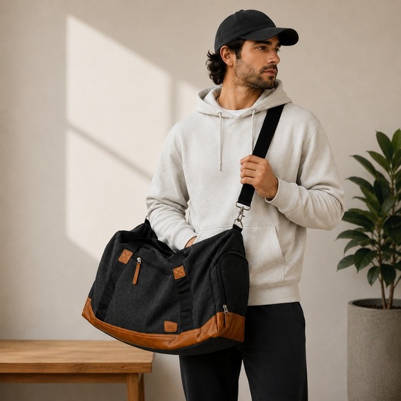 F&CO. Other - F&CO Charcoal Gray Wool Felt Duffel Bag Tan Leather Trim Weekend Travel Carry On